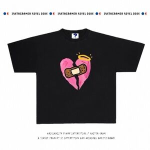 Black Graphic Tee with Pink Heart Design